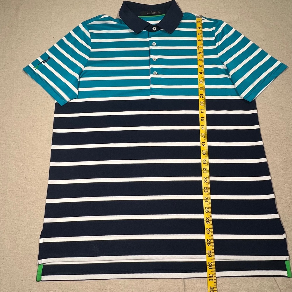 RLX Ralph Lauren Golf Polo Shirt Mens L Two-tone Striped Teal/Navy Blue/White - Picture 7 of 9